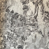 Vintage-style black and white illustration of a landscape with trees and a path.