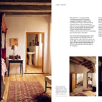 Interior design magazine spread with bedroom and bathroom images.