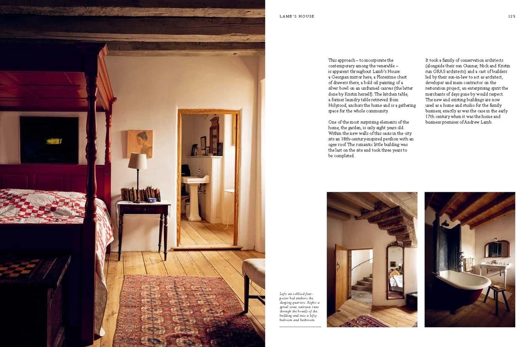Interior design magazine spread with bedroom and bathroom images.