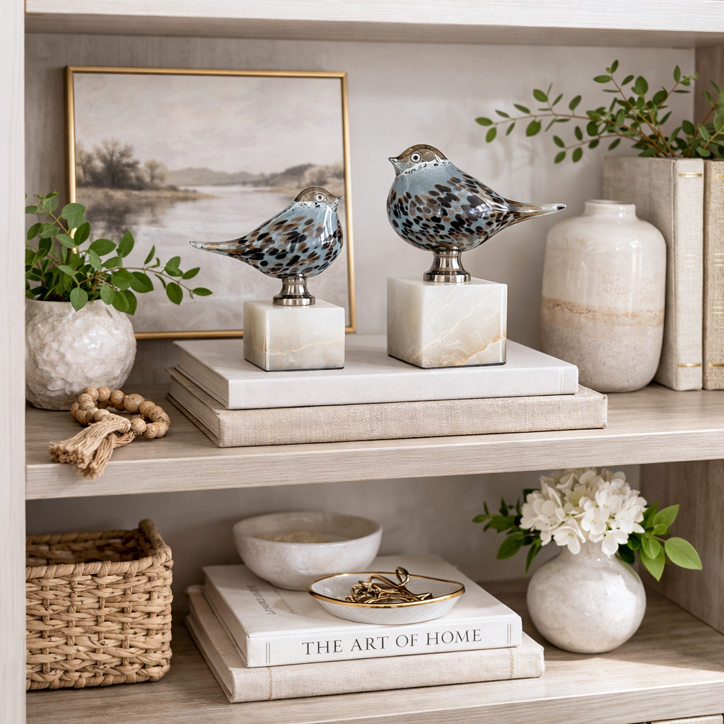 Decorative shelf with books, vases, and bird figurines in a home setting