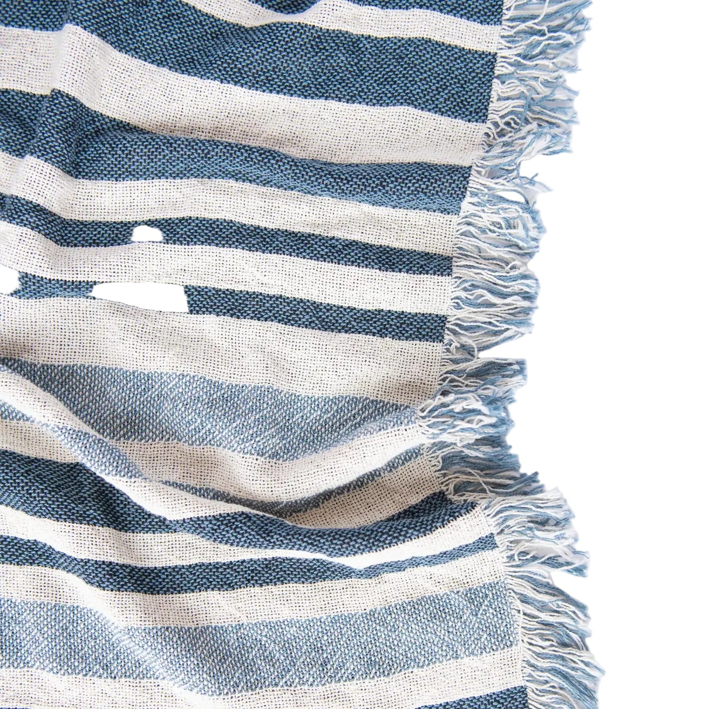Close-up of a blue and white striped blanket with frayed edges on a light background