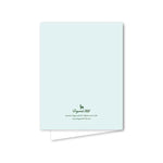Light blue greeting card with a small logo and text on a white background