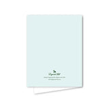 Light blue greeting card with a small logo and text on a white background