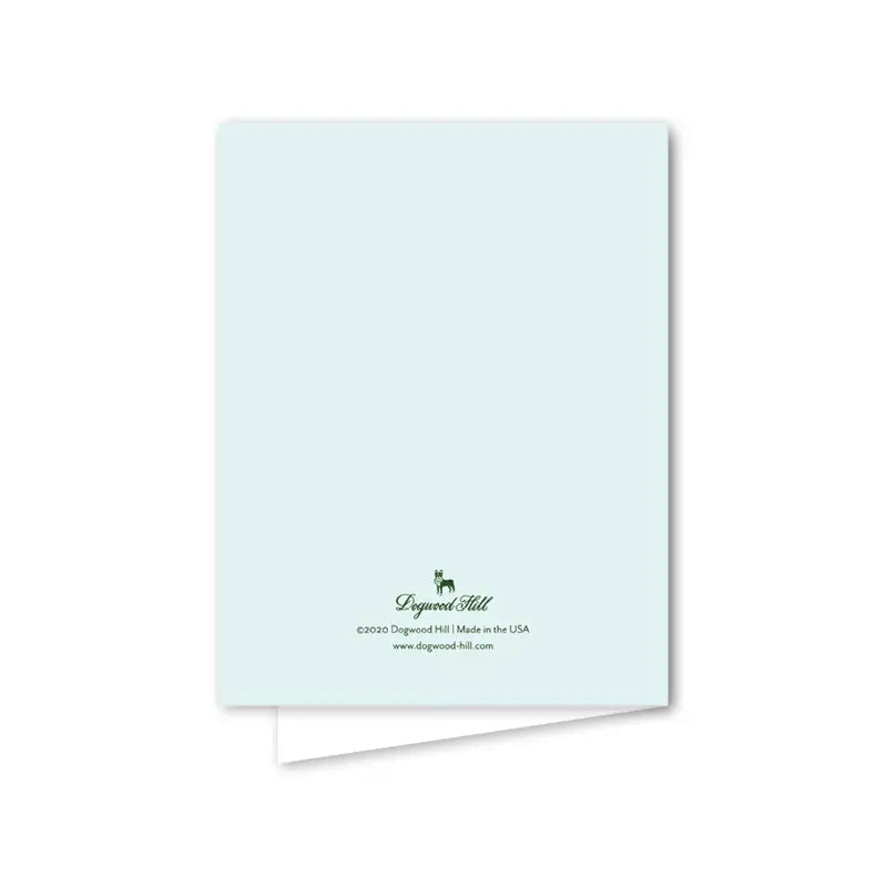 Light blue greeting card with a small logo and text on a white background