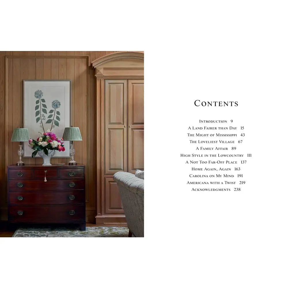 Contents page of a book with a bedroom scene and wooden furniture.