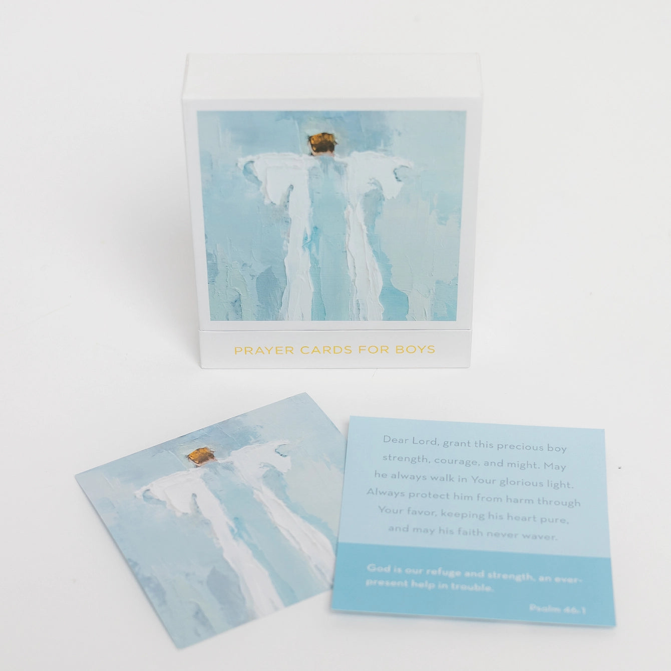 Set of prayer cards with angel illustrations on a white background