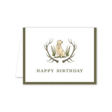 Birthday card with a dog and antlers design on a white background