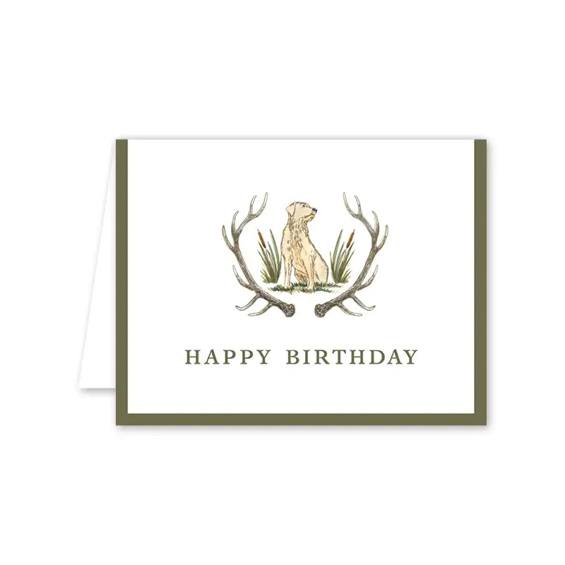 Birthday card with a dog and antlers design on a white background