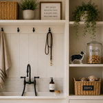 Nautical-themed bathroom with black faucet, towels, and decor.