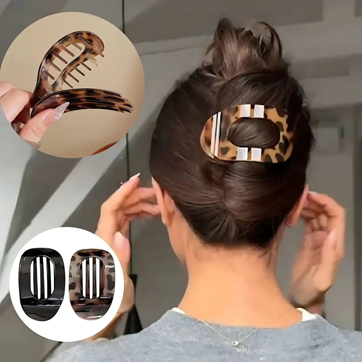 Person wearing a leopard print hair bun holder with close-up insets of the product.