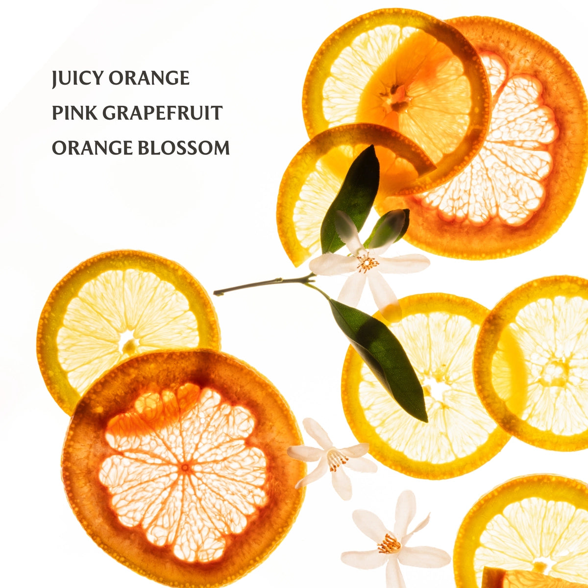 Sliced oranges, pink grapefruit, and orange blossom flowers on a white background with text.