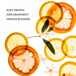 Sliced oranges, pink grapefruit, and orange blossom flowers on a white background with text.