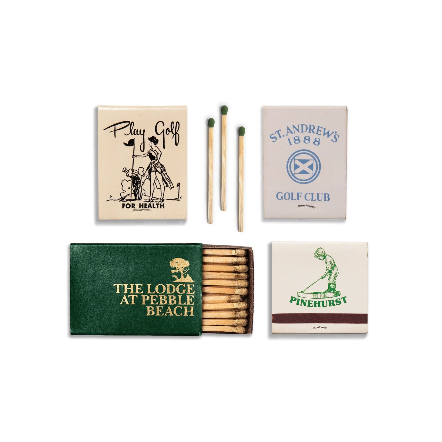 Collection of matchboxes with golf-themed designs on a white background