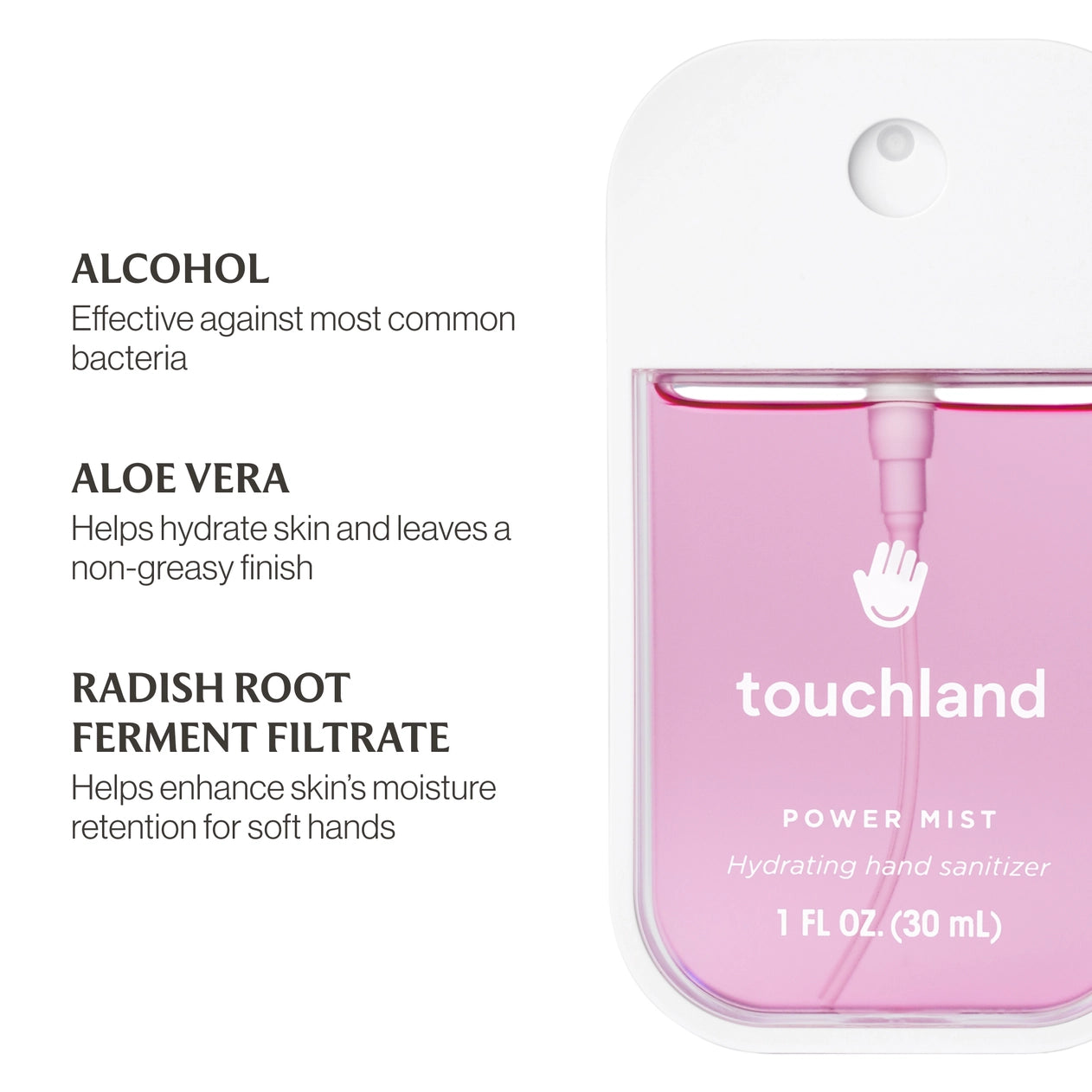 Touchland power mist hydrating hand sanitizer with ingredients listed on a white background