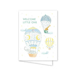 Greeting card with hot air balloons and 'Welcome Little One' text on a white background