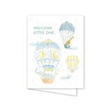 Greeting card with hot air balloons and 'Welcome Little One' text on a white background