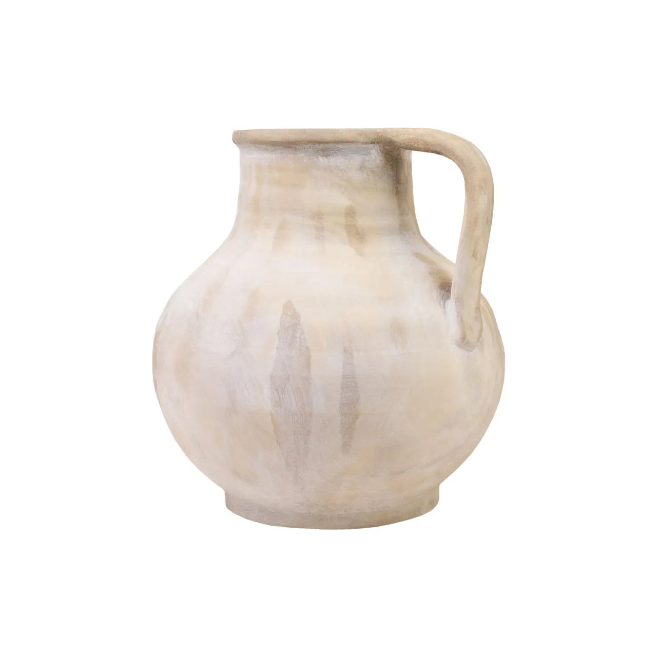 Decorative ceramic pitcher with a rounded body, integrated handle, and layered beige finish with subtle vertical glazing on white background