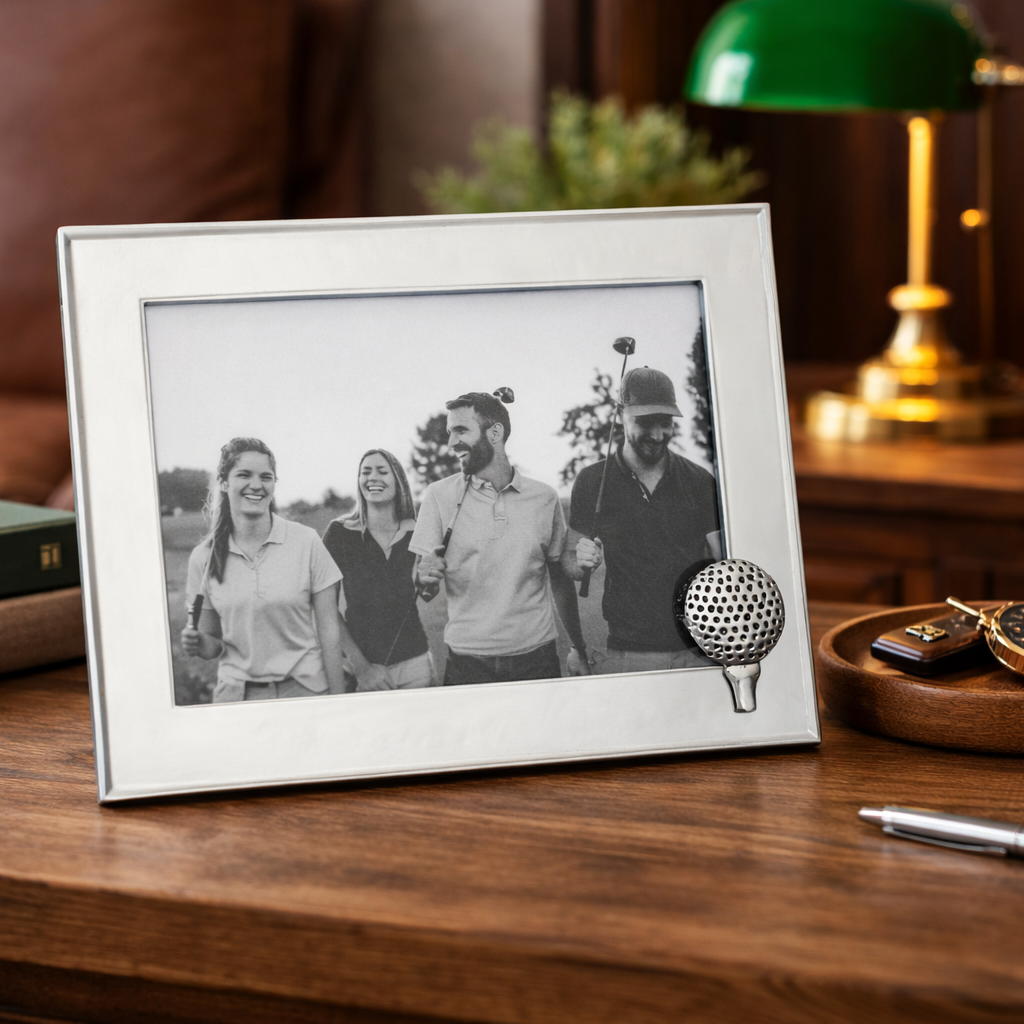 Framed black and white photo of a family on a wooden table with golf books and accessories.