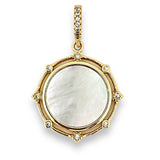 Gold pendant with a central white stone and smaller stones around on a white background