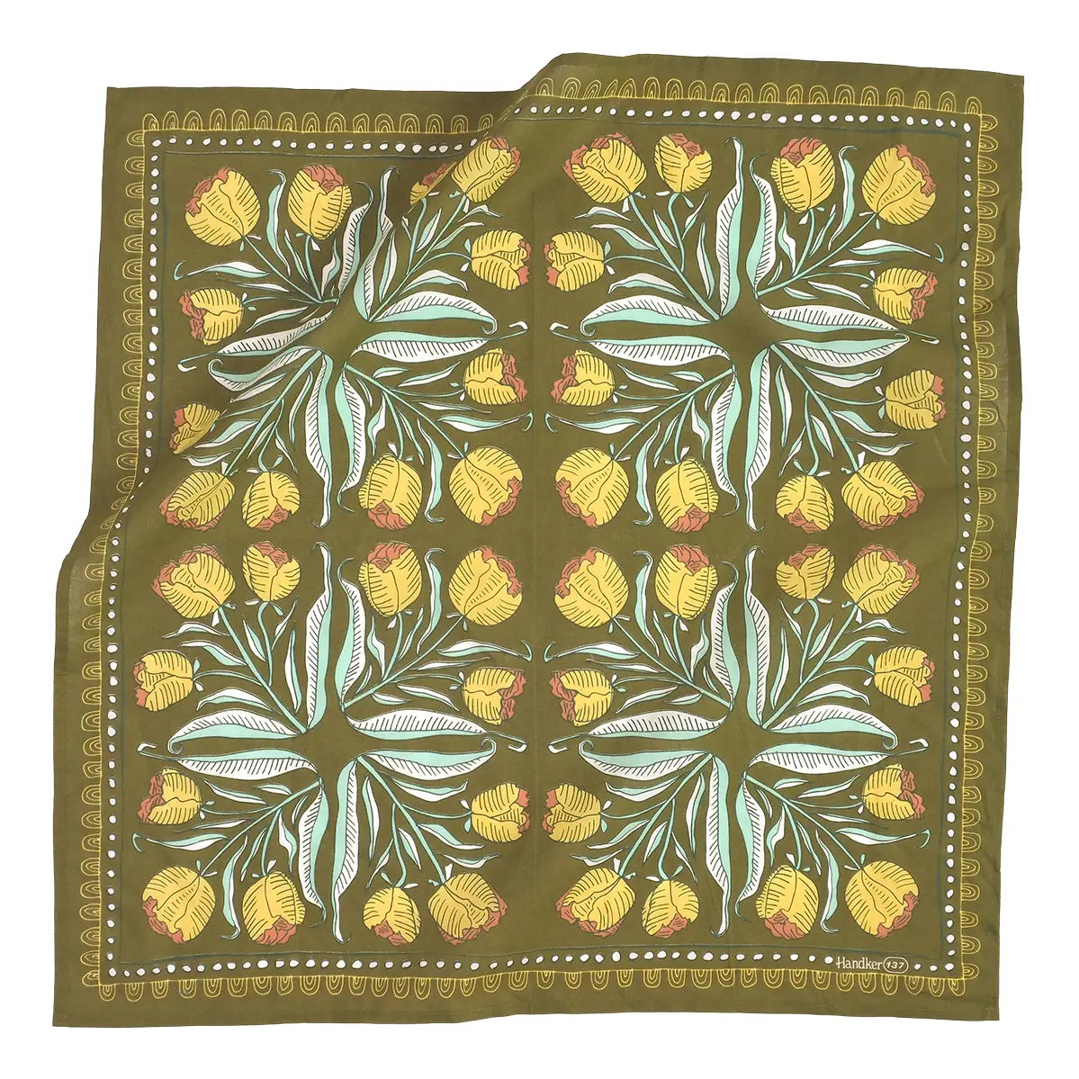 Floral patterned fabric with yellow flowers and green leaves on a brown background