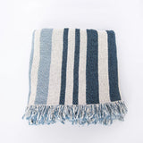 Striped blue and white blanket with fringes on a white background