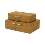 Two brown jewelry boxes with gold handles on a white background