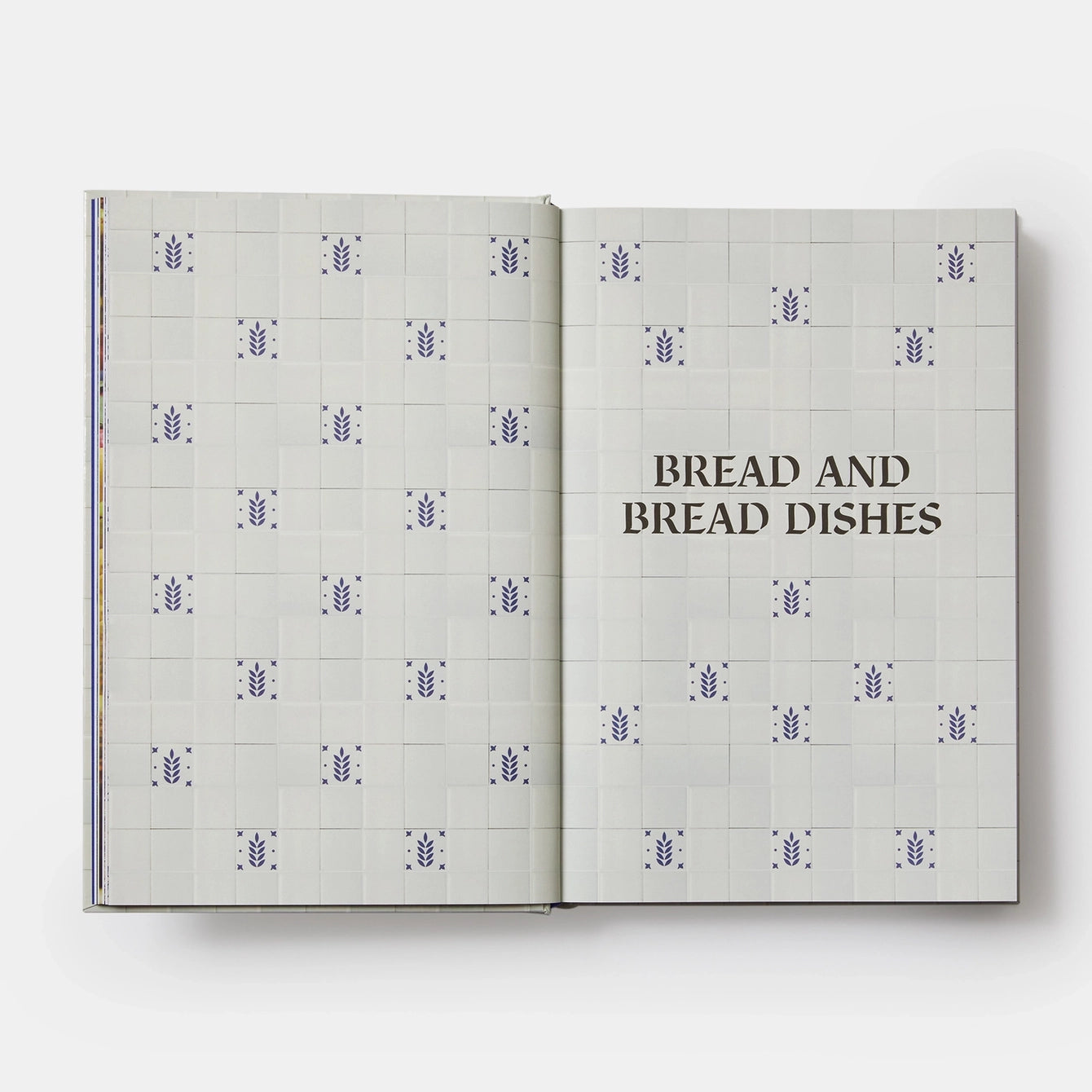 Open book with a patterned cover titled 'Bread and Bread Dishes' on a white background