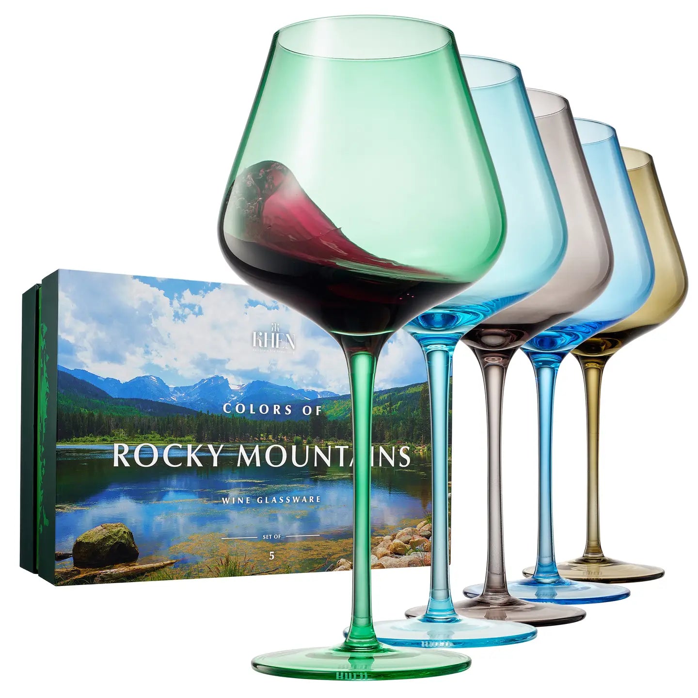 Set of colorful wine glasses with a Rocky Mountains-themed box.