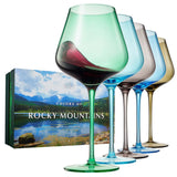 Set of colorful wine glasses with a Rocky Mountains-themed box.