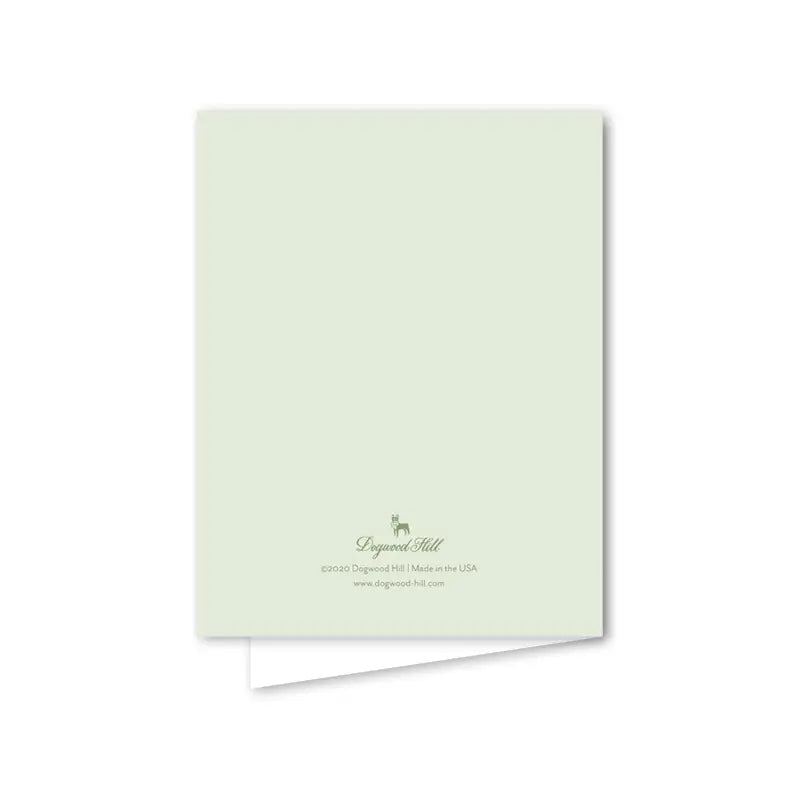 Light green greeting card with a small logo and text on a white background