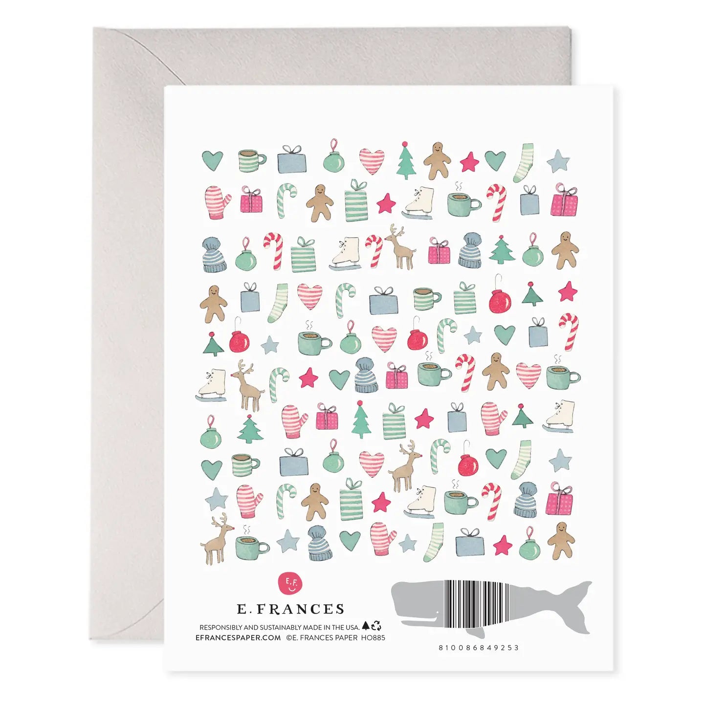 Greeting card with Christmas-themed illustrations and E. Frances branding.