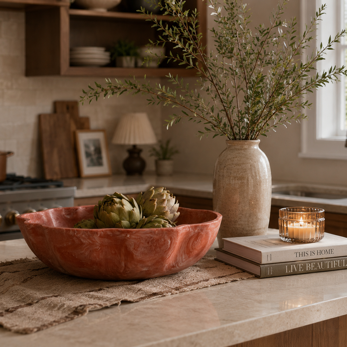 A rustic terracotta-colored ceramic bowl filled with artichokes sits on a beige woven placemat on a kitchen island. A tall textured vase with greenery, a lit candle in a glass holder, and stacked books are arranged nearby in a warm, modern kitchen setting.