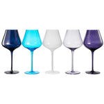 Five wine glasses in blue, turquoise, white, purple, and black on a white background