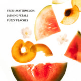 Sliced watermelon, peaches, and flowers on a white background with text listing ingredients.