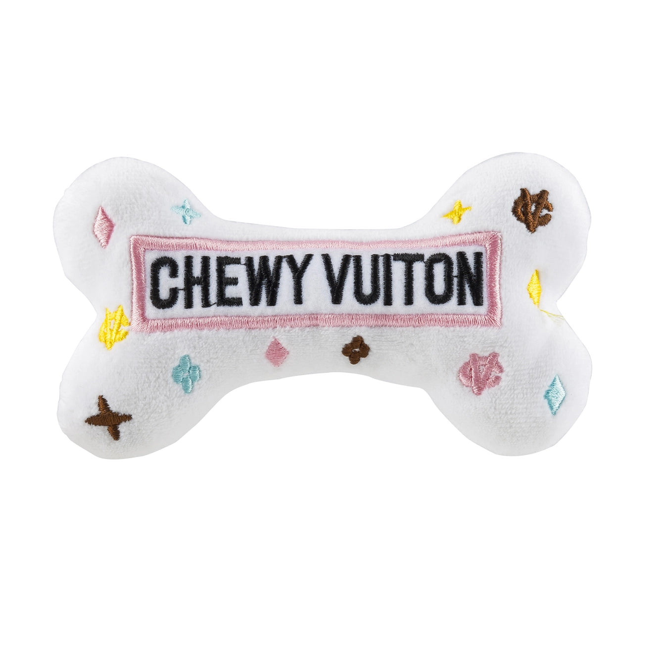 white plush dog toy designed to resemble handbags with 'CHEWY VUITON' embroidered on the surface.