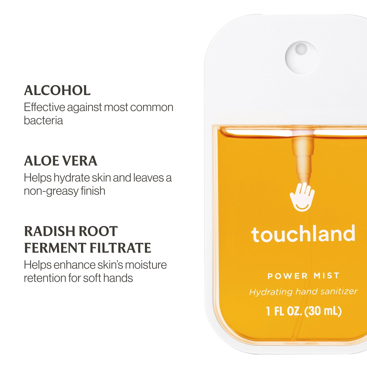 Touchland power mist hand sanitizer with ingredients listed on a white background