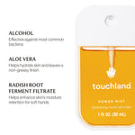 Touchland power mist hand sanitizer with ingredients listed on a white background