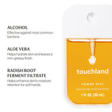 Touchland power mist hand sanitizer with ingredients listed on a white background