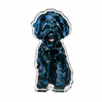 black dog shelfie featuring painted artwork encased in a thick clear freestanding block on white background