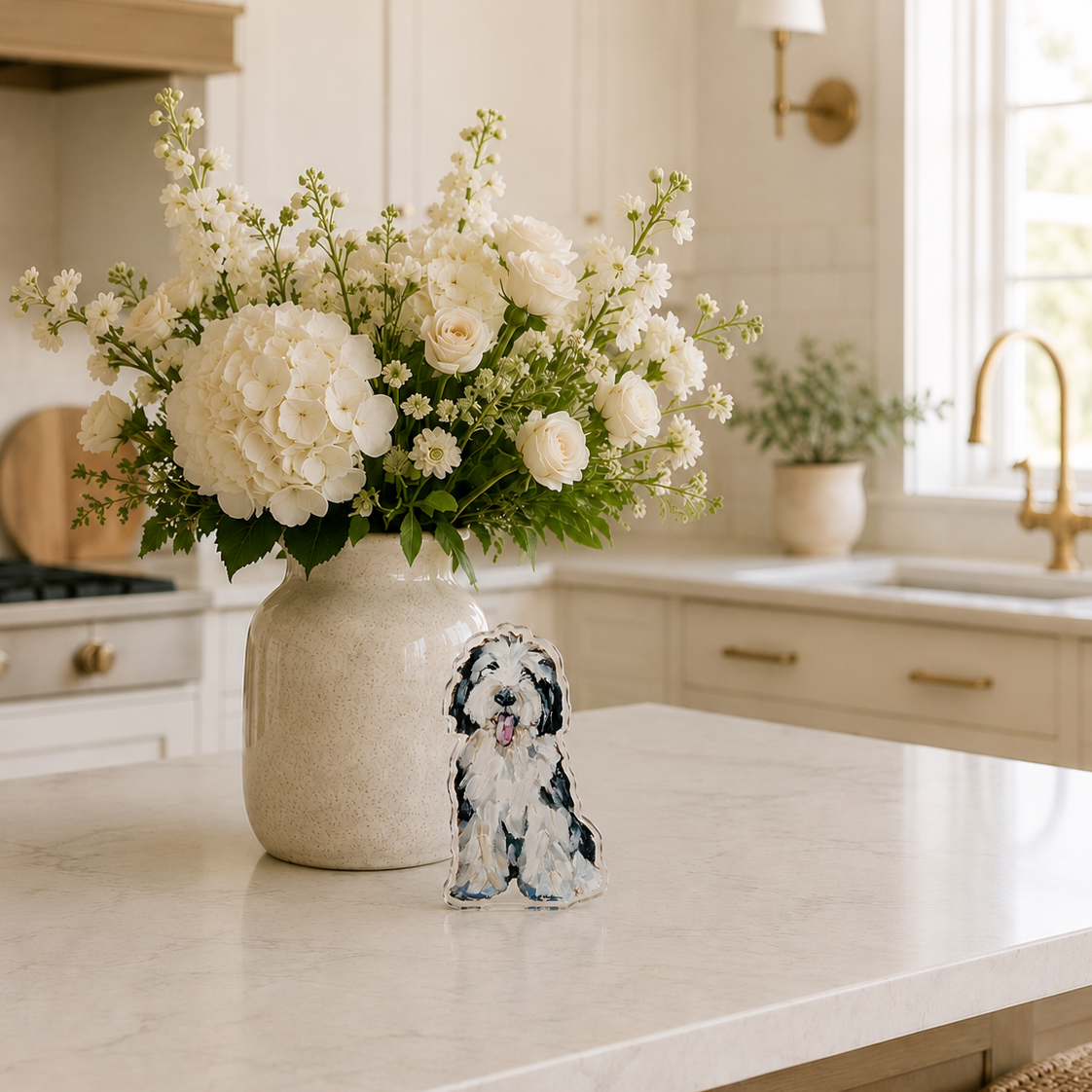Decorative vase with white flowers on a kitchen counter, featuring a small figurine of a dog.