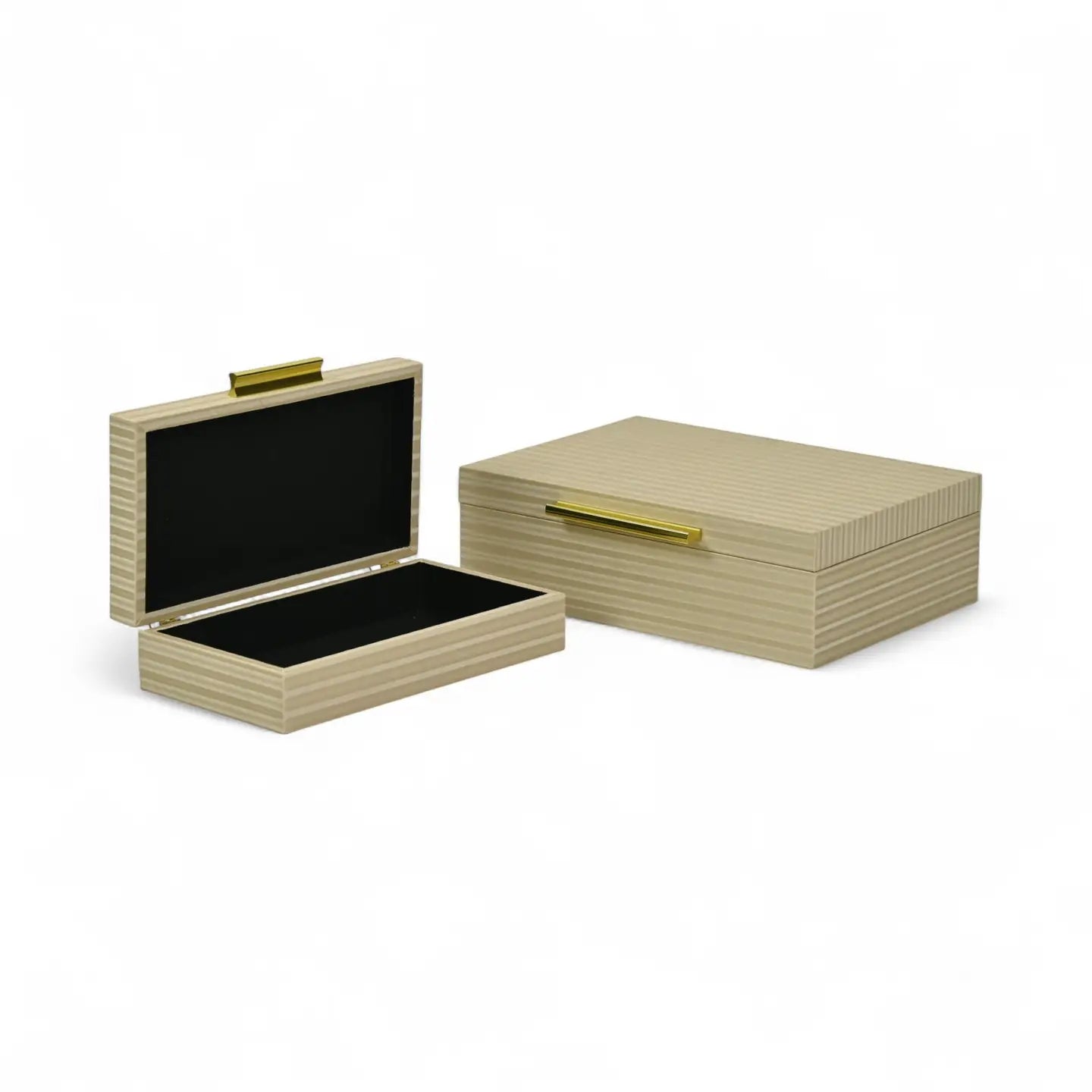 Two wooden jewelry boxes with black interior on a white background