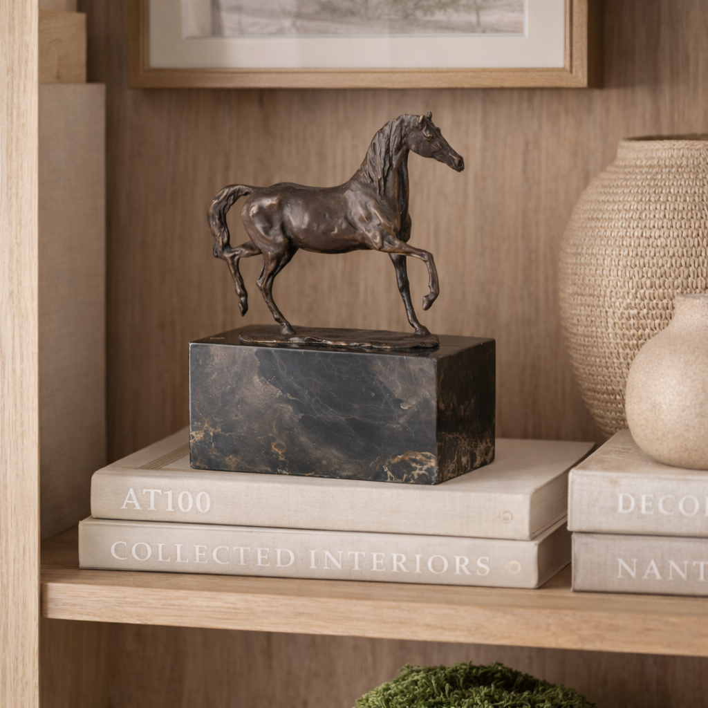 Bronze horse sculpture on a stack of books with decorative items in the background