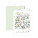 Greeting card with illustration of a bookshelf and 'Celebrating You' text, featuring a light green envelope.