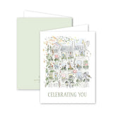 Greeting card with illustration of a bookshelf and 'Celebrating You' text, featuring a light green envelope.
