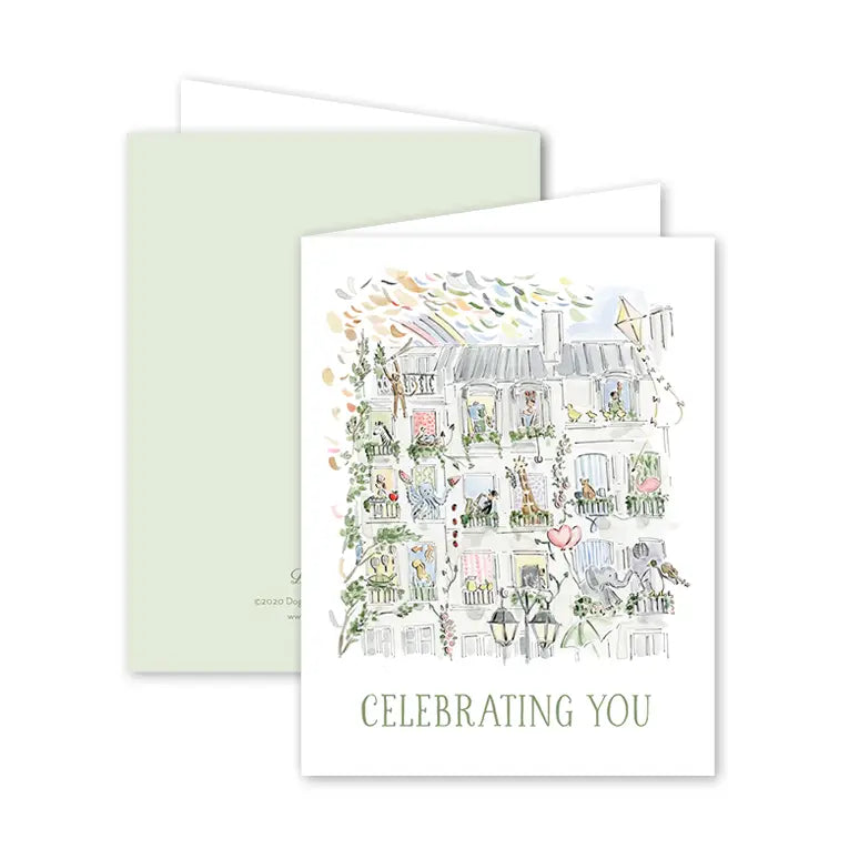 Greeting card with illustration of a bookshelf and 'Celebrating You' text, featuring a light green envelope.