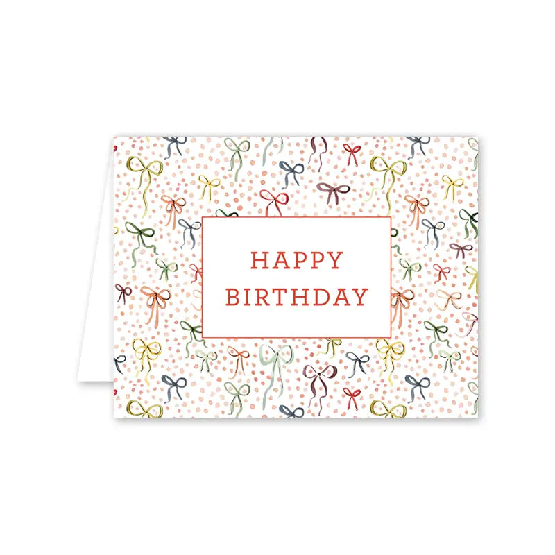 Birthday card with colorful ribbons and 'Happy Birthday' text on a white background