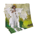 Stack of cocktail napkins with angel design on a white background
