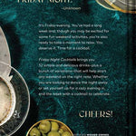 Back cover of a cocktail book with text and images of drinks and olives on a dark background.