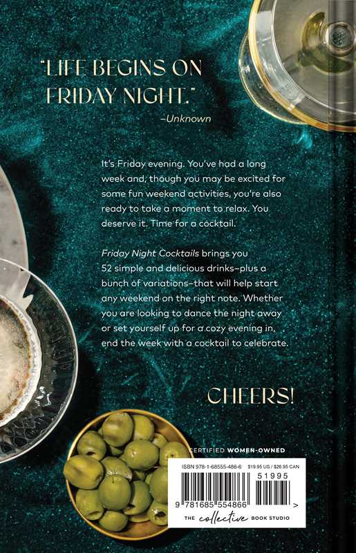 Back cover of a cocktail book with text and images of drinks and olives on a dark background.