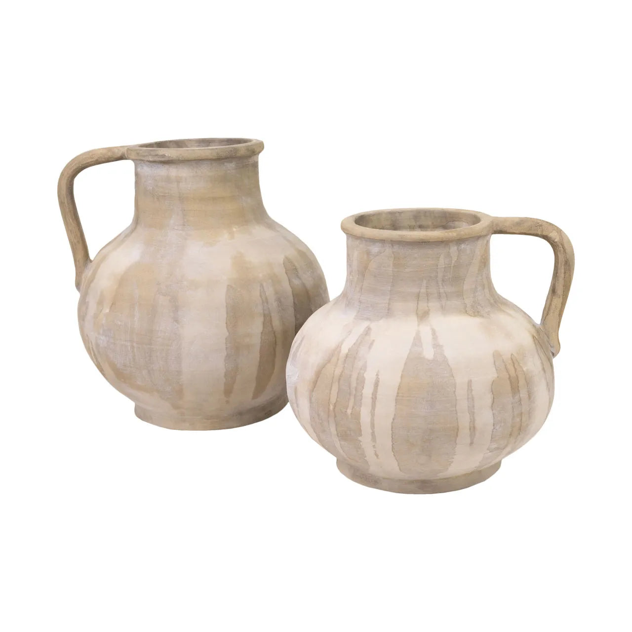 Decorative ceramic pitcher with a rounded body, integrated handle, and layered beige finish with subtle vertical glazing on white background